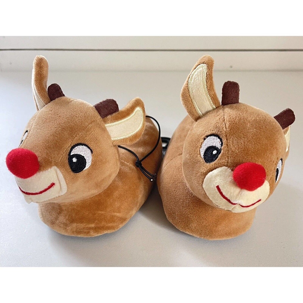Rudolph Toddler Christmas Slippers The Red Nosed Reindeer Brown Size 5/6 NWT